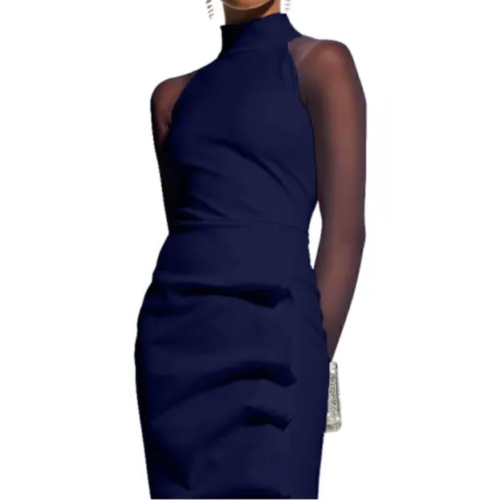 Chiara Boni Navy Blue Sheer-Sleeve High-Neck Sheath Dress size 50
